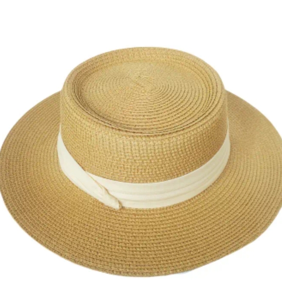 Accessories - Packable Elegant Tan Straw Hat with Cream Band